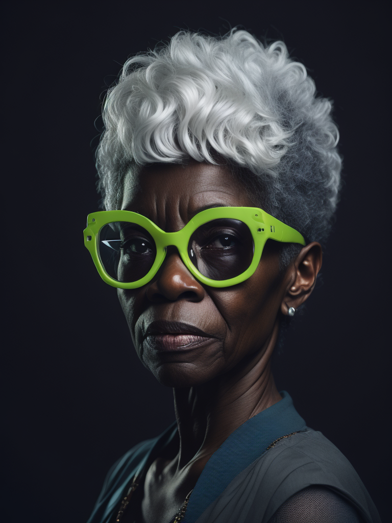 Elderly woman with black skin and gray hair wearing glasses
