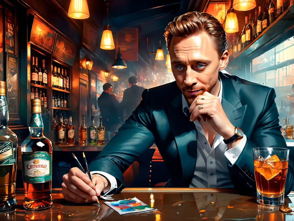 Tom Hiddleston down on his luck drinking scotch in a sleazy bar