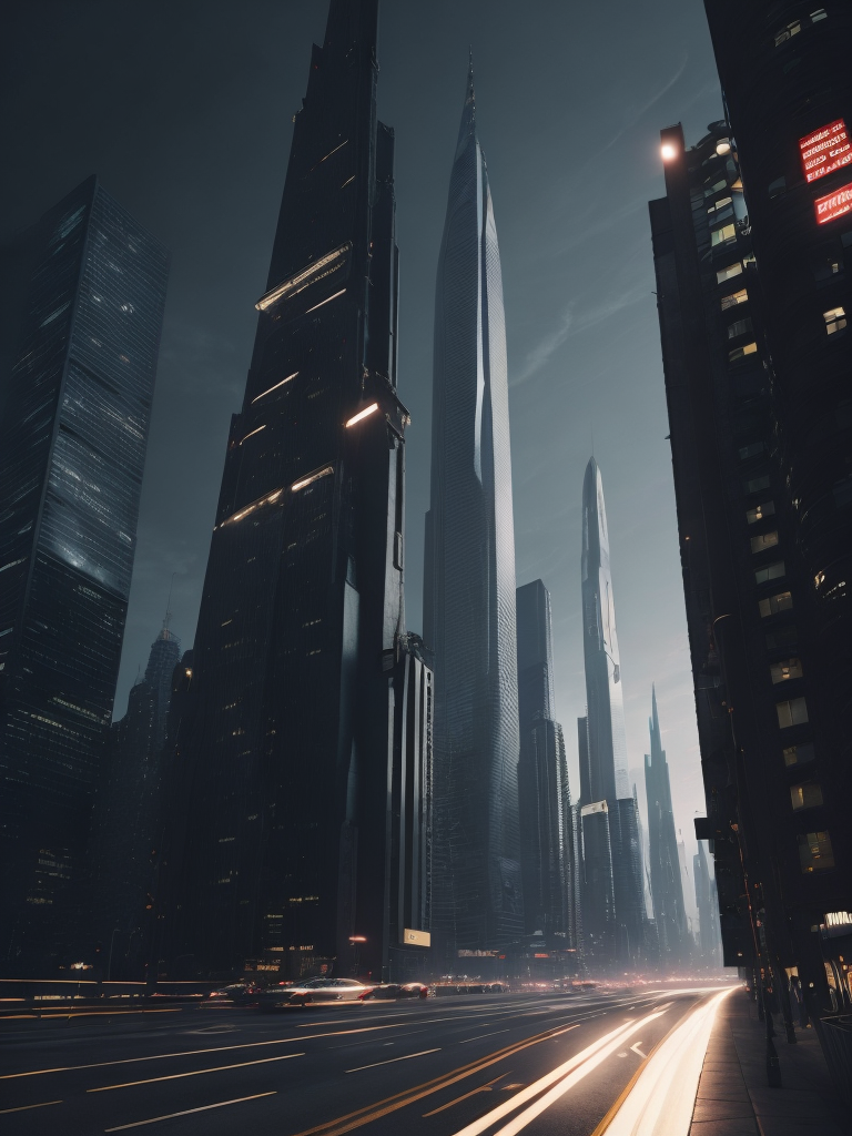 Design a futuristic cityscape with sleek skyscrapers and flying cars.