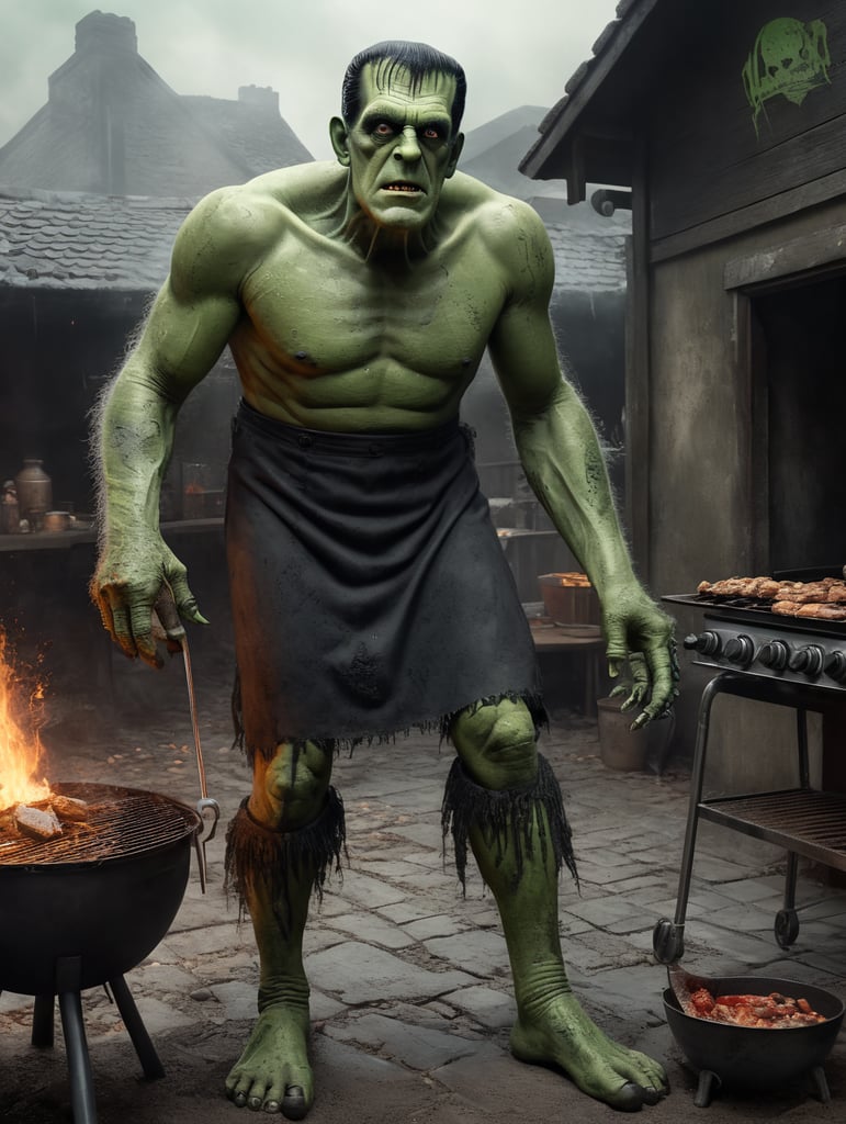 illustrated full body image of herman munster Karloff as Frankenstein's Monster, Green Skin, muted color palette, atmospheric, creepy, intricate detail, reanimated corpse, scar tissue, decomposing, starring eyes, horror, horrific, bolts sticking out of sides of neck, gangrene, veins, mutilated, stitches on forehead, standing next to barbecue grill