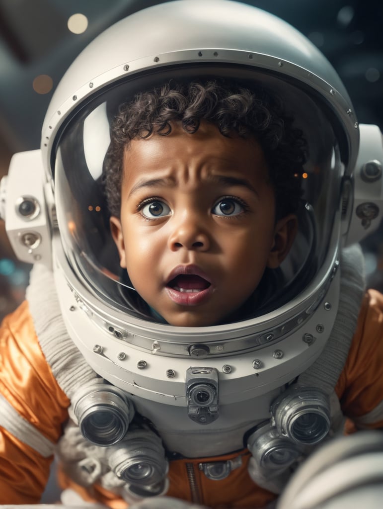 a child in a space suit with a surprised look on his face, a photocopy by Stokely Webster, featured on cgsociety, afrofuturism, sense of awe, uhd image, behance hd