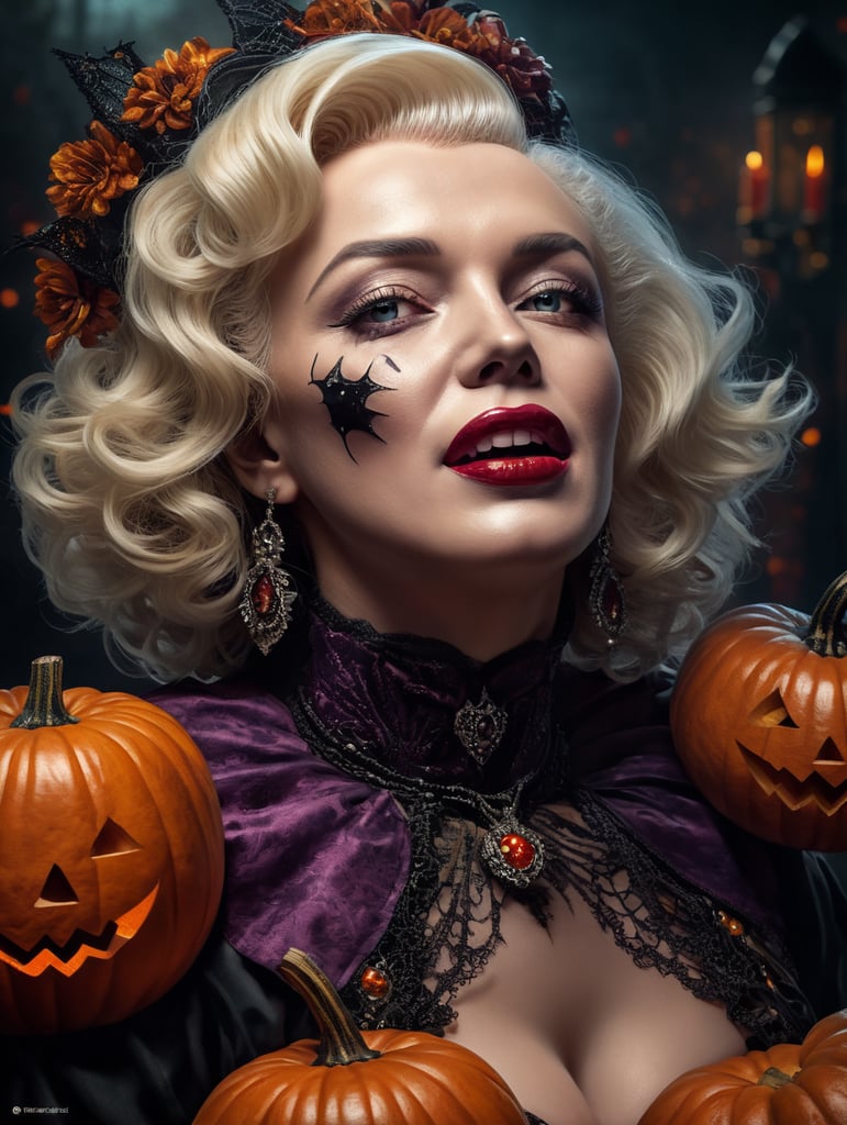 Marilyn Monroe as an evil character wearing creeoy and spooky Halloween costume, Vivid saturated colors, Contrast color