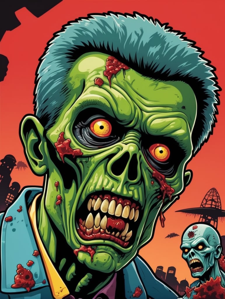 Pop art illustration, cut-out sticker design, zombie vs aliens