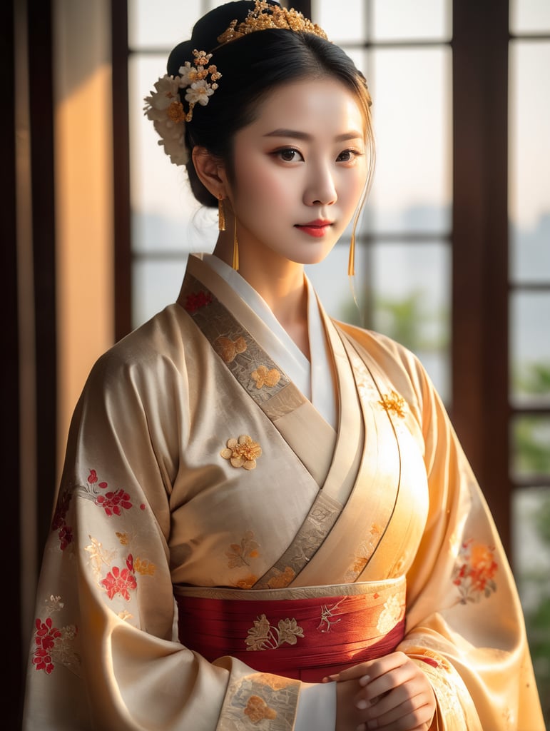 self-protrait, female chinese costume hanfu, floral, medium shot, golden hour lighting, front view