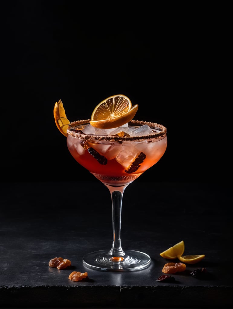 Gin cocktail with dried fruit slices, salted glass rim, mood lighting