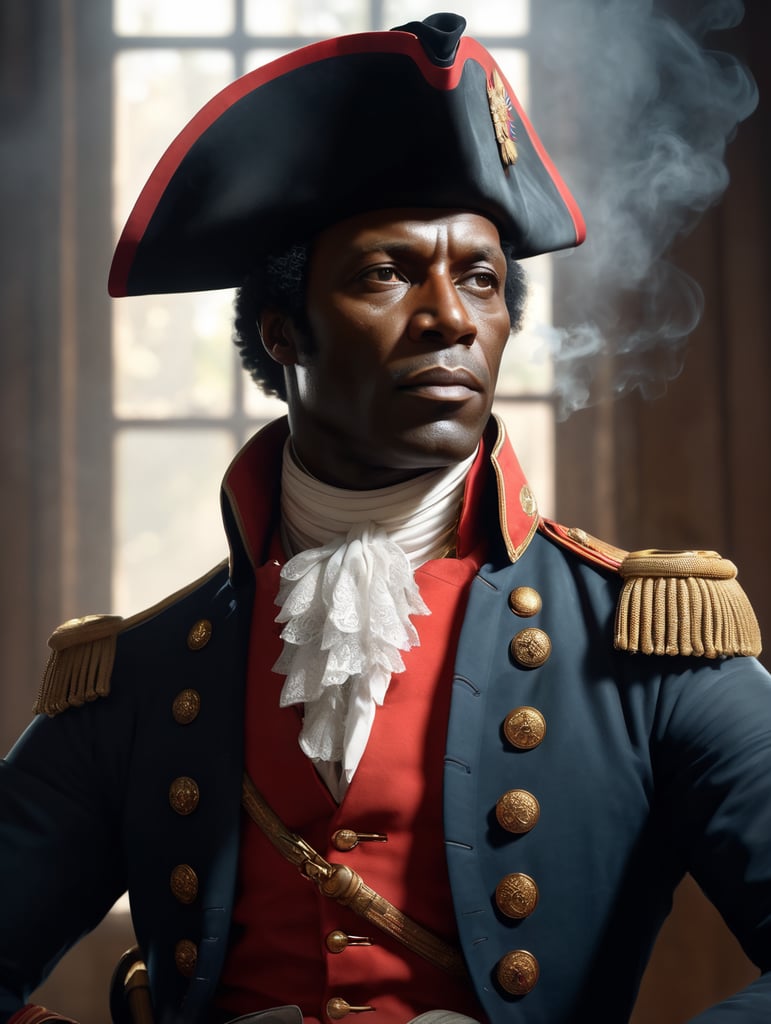 Toussaint louverture, haitian revolution general leader 1780's, facing camera, carne griffiths, wadim kashin, pascal blanche, rutkowski, repin. smoke, window, light rays, perfect anatomy, perfect face, perfect fingers, perfect composition, beautiful, detailed, intricate, octane render, 8k, soft natural light, chiaroscuro, masterpiece, award-winning, professional, anatomically correct, breathtaking, sharp focus, emitting diodes, smoke, sparks, artstation, detailed character design