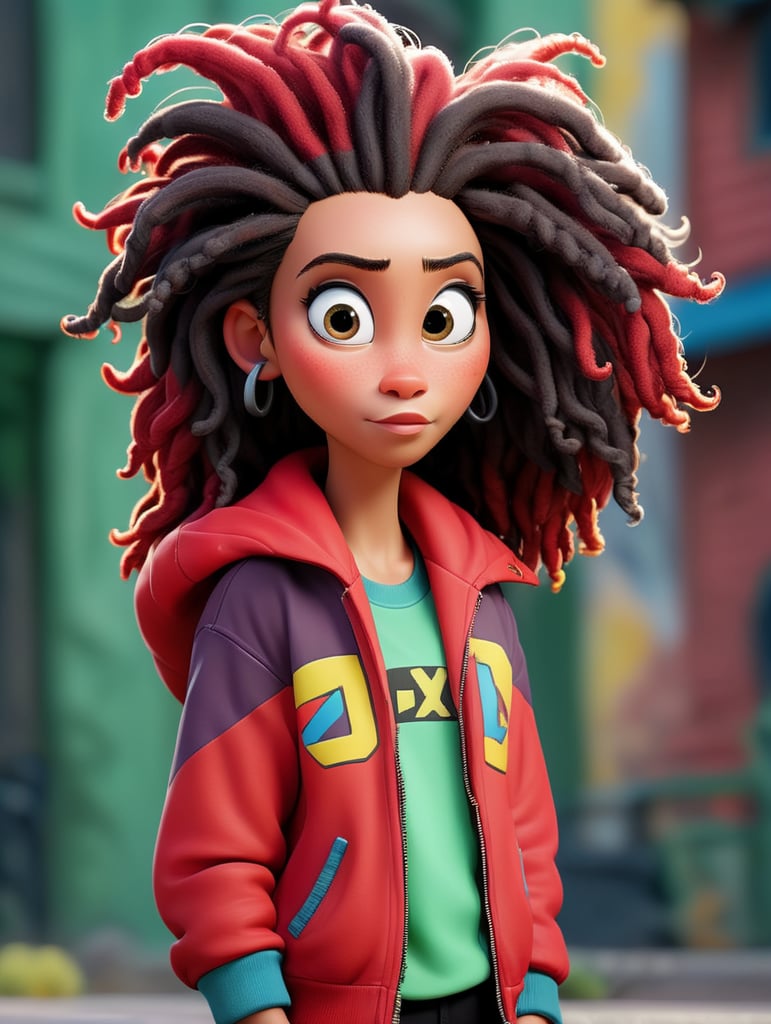 a (((women))) with dreadlocks on his head is wearing a colored jersey and a red bomber jacket