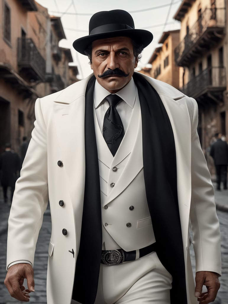 Portrait of an Italian mafioso from the 1970s, in a white suit with a black coat draped over his shoulders, a face with regular features, the Sicilian face of a 50-year-old mafioso with a neat black mustache in a white hat. In the background is the background of old American neighborhoods, highly detailed. Dramatic light. Correct features, front portrait photo.