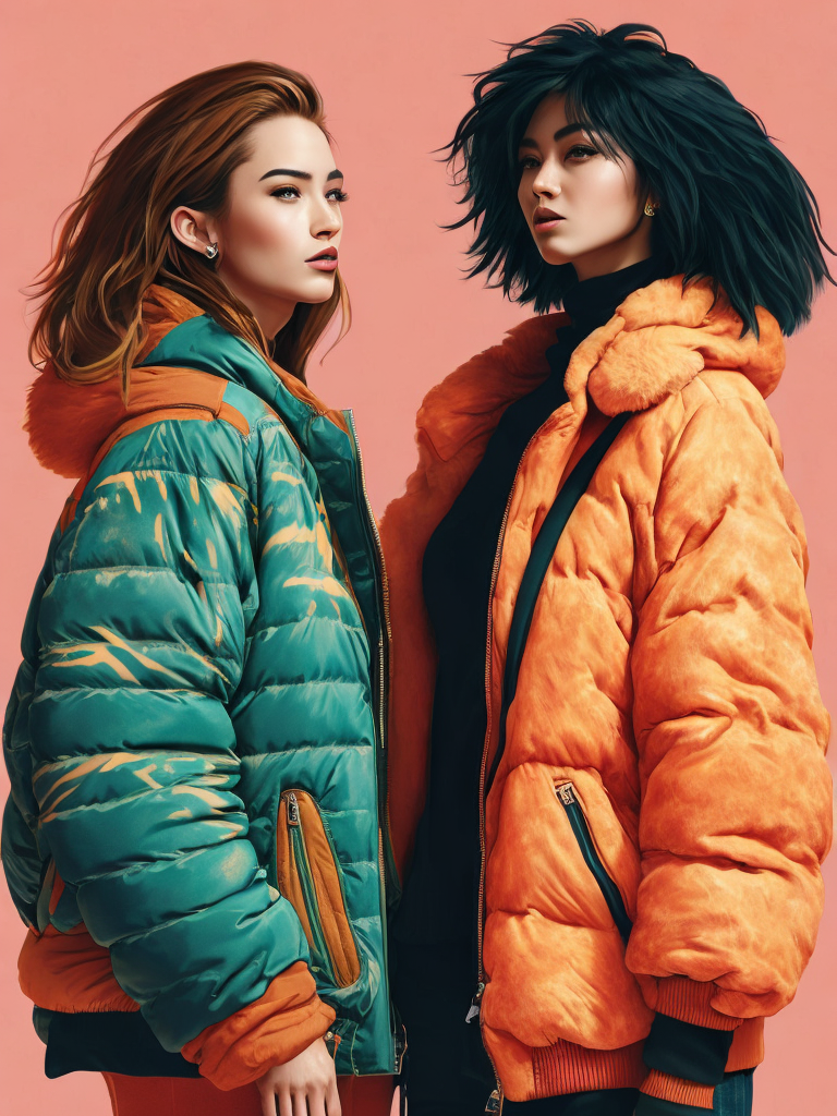 women wearing a very fluffy jackets, yellow fluffy jackets, on a pink background, bright colors