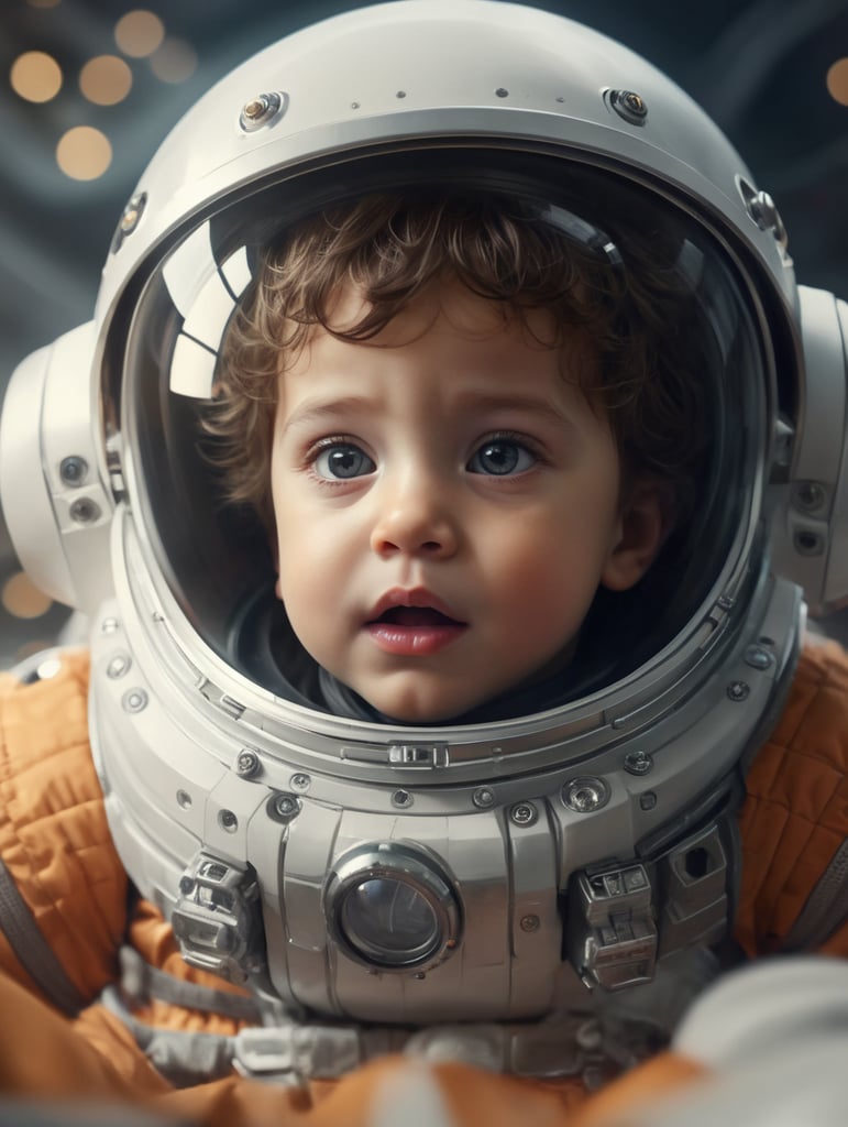 a child in a space suit with a surprised look on his face