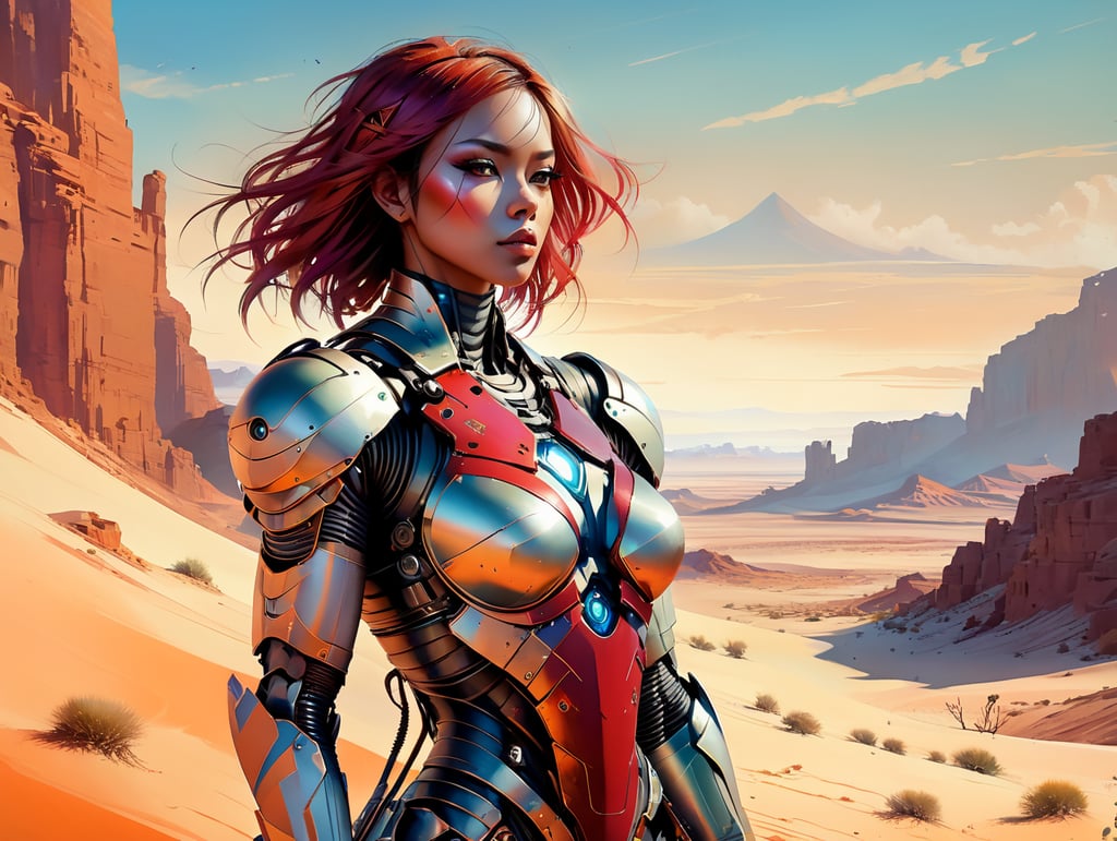 a half-woman and half-robot character wears a very worn light-armor in a desert where the sand colored crimson and velvet