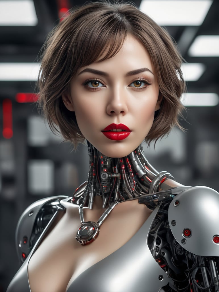A photo of a slender female cyborg scientist with red lips, engrossed in her laboratory, ready to push the boundaries of knowledge, with a blend of wide hips and a skinny frame, while flirting with the camera. (robot:1.3), blurry, reflective metal, from above, short hair, science laboratory, computers, test tubes, from above
