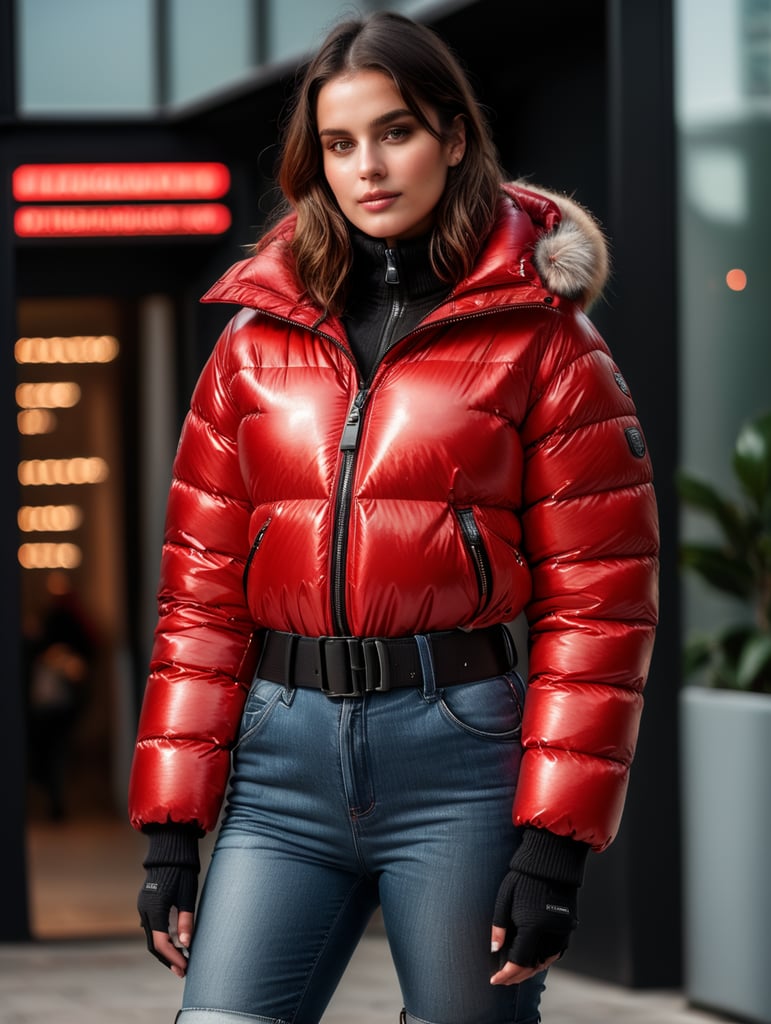 Premium Free ai Images | full body girl in red glossy puffer jacket ...