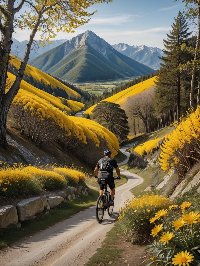 person, biking, down a mountain path, daisys, yellow flowers, yellow trees