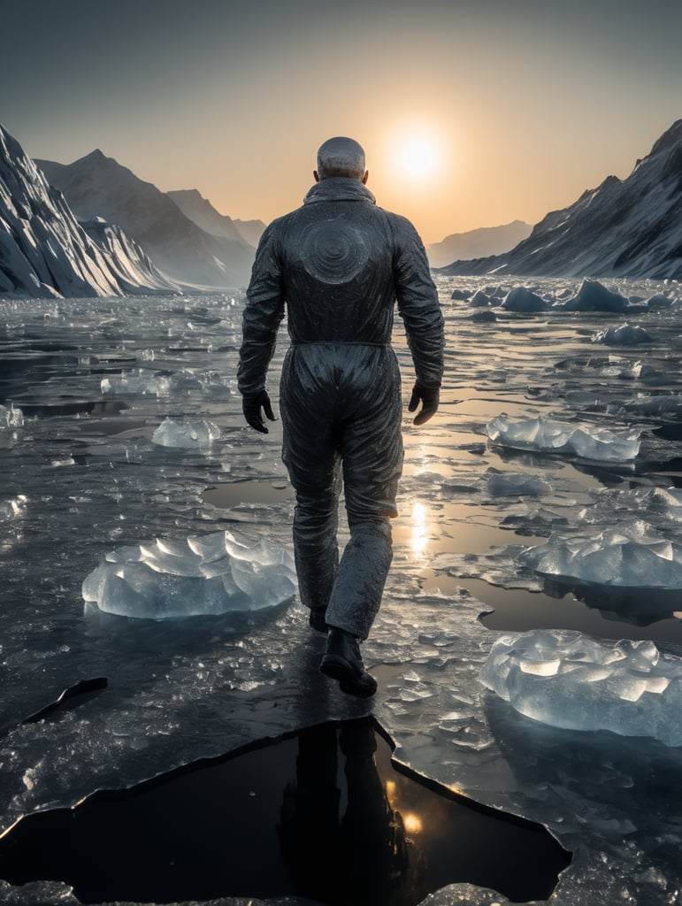 Homem de gelo translúcido caminhando na superfície do sol