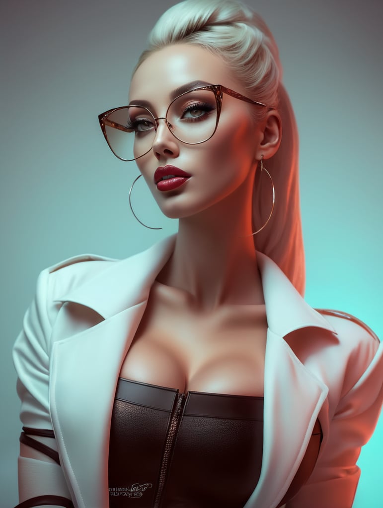 A portrait of a beautiful model woman who looks like Nicolette Shea, with a curvy body, a sexy outfit, a big bust, a small waist, tall legs, perfect facial features, long hair, a Hyperdetailed, body shot, a beautiful goddess, full-lips, perfect lips, make-up, half-open fur bust top, High Res, hyperdetailed, very high heels mules, black see-through leggings, tight bodysuit, mini skirt latex, glamorous Hollywood portraits, highly realistic, daz3d, women designers, high resolution
