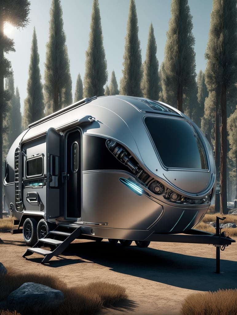 Alien camping trailers, biomechanics, full trailer cinematic style digital art render with mechanical and futuristic details