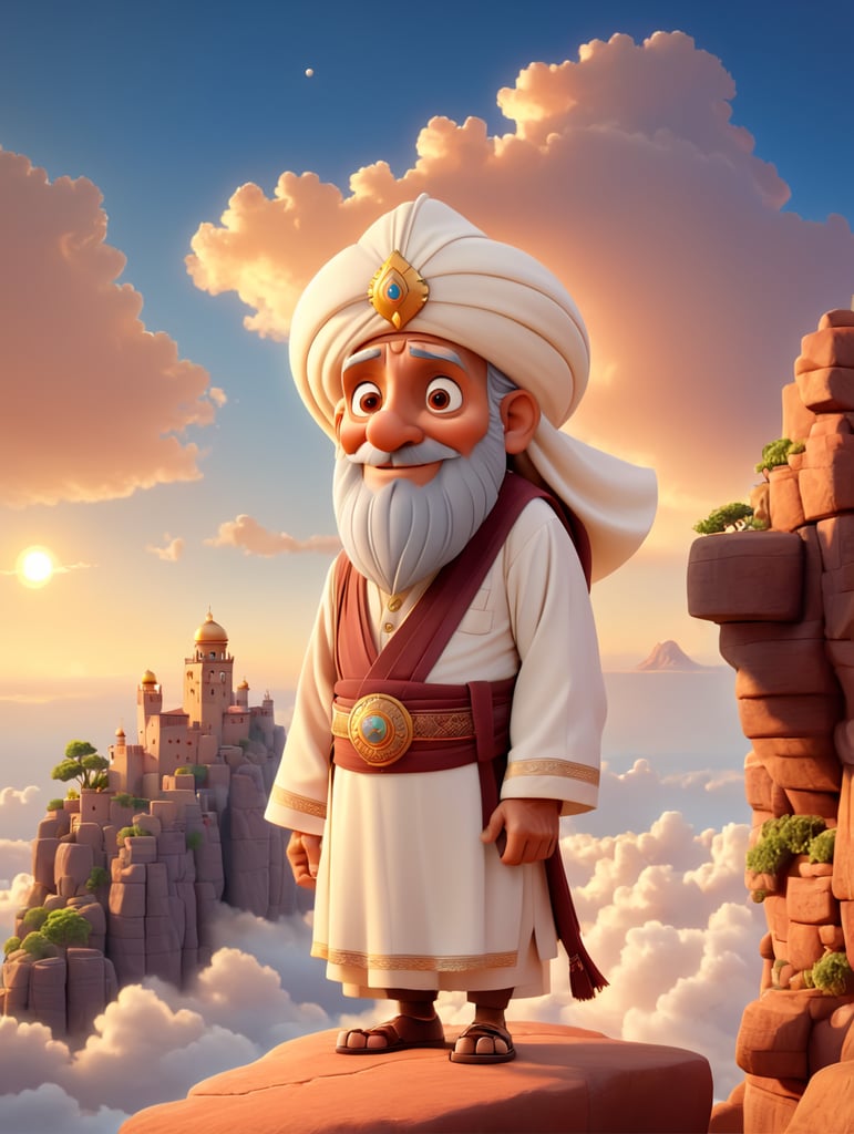 An old arabian man standing at the edge of a clif looking at the sunrise above the clouds