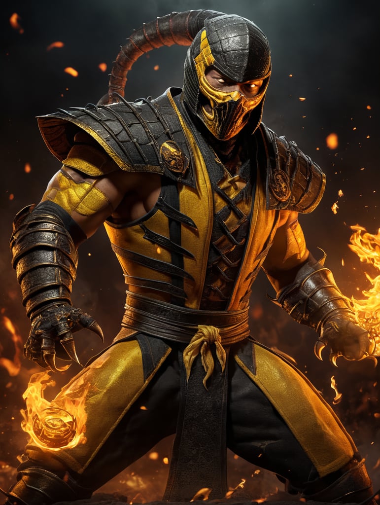 Scorpion from Mortal Kombat, cartoon style, fire