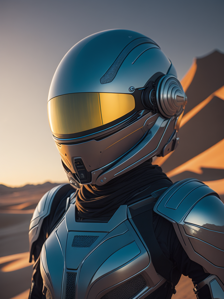 Cyber girl wearing chrome helmet, shining reflections, walking in the desert, photorealistic, hyperdetailed, dune atmosphere