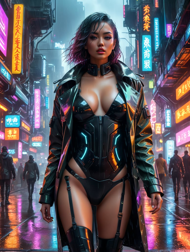 Premium Free ai Images | portrait sexy bikini girl translucent coat  cyberpunk street heaviest rain neon cyberpunk style neon colors urban  fashion nightlife