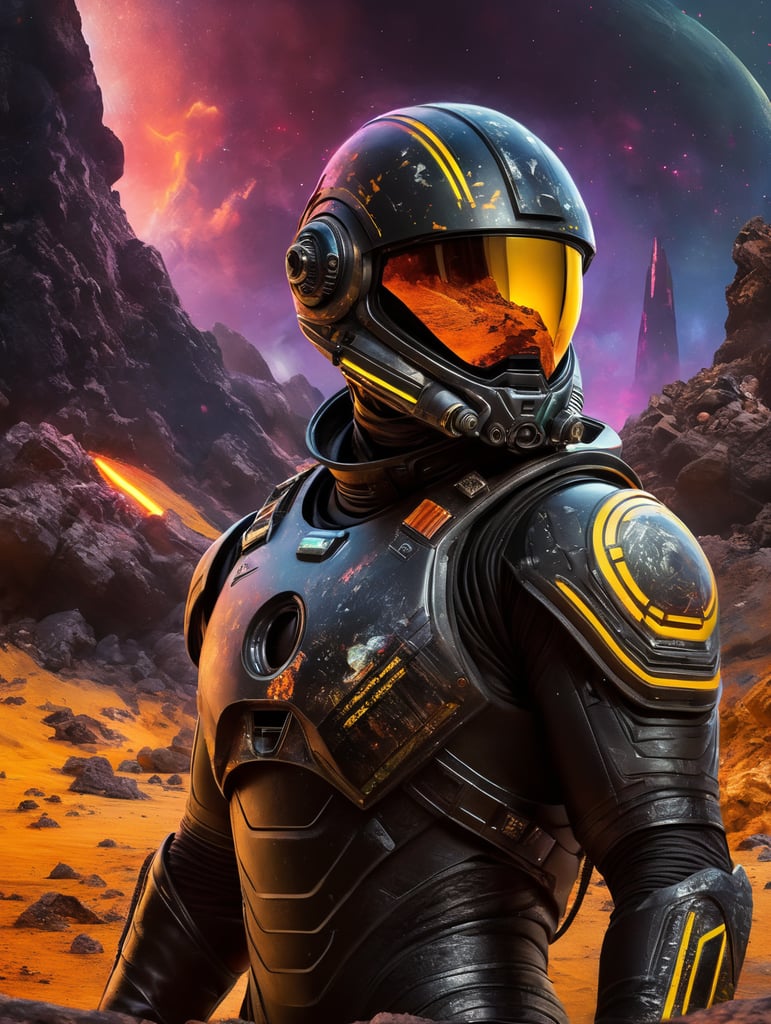 Space traveler in a black rock in middle of the universe. futuristic slim Astronaut suit with neon futuristic unique helmet , super hero style suit, warrior style suit, energy blast in the background, space war, more neon, energy explosion, fluor colours, yellow violet, vibrant, saturated, a lot graffiti on the suit. Scratch on the suit, Rocks like mars planet, volcano, movie poster style, war, noise, star wars, sMall war helmet, no accessories, no helmet, artist, paint, graffiti, art, revel
