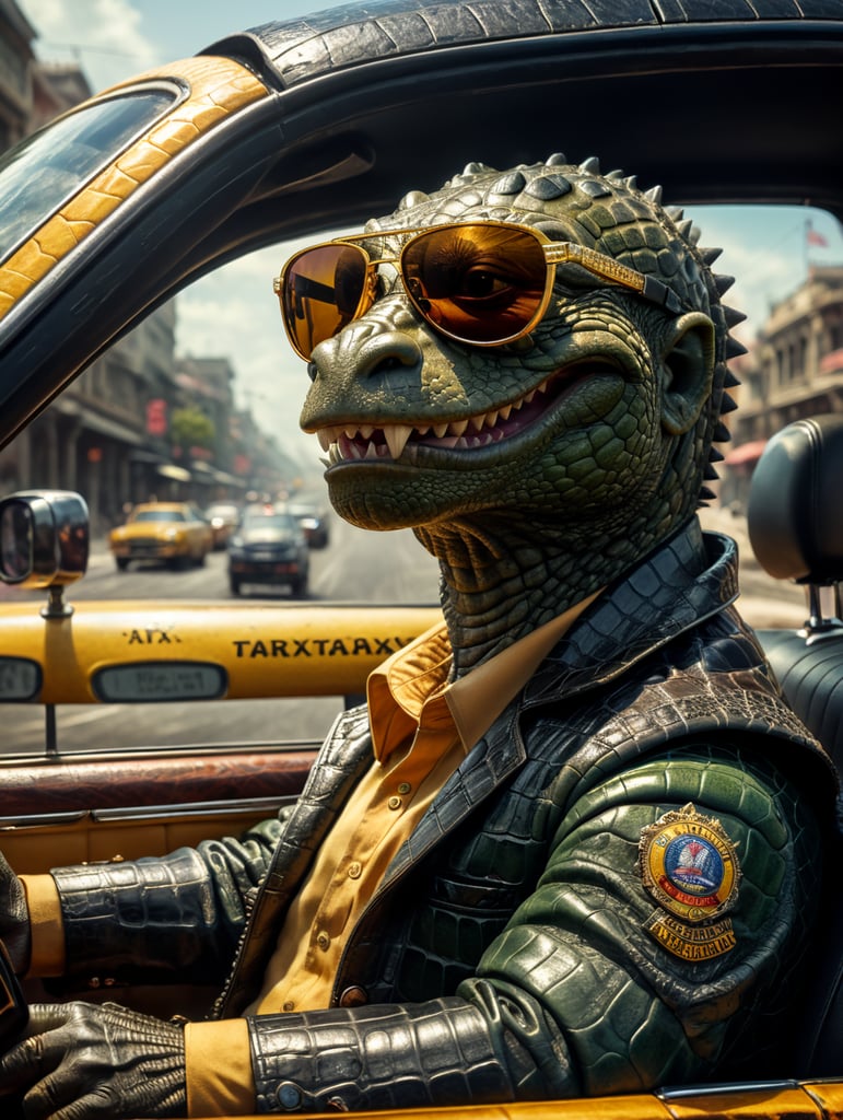 Premium Free ai Images | alligator taxi driver sitting behind the wheel ...