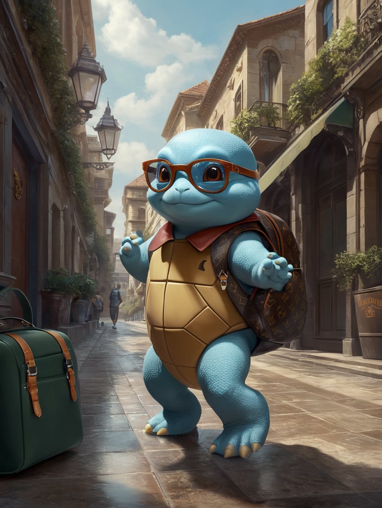 cute stylish squirtle dressed in stylish lacoste sportswear clothes, big sneakers and a louis vuitton glasses