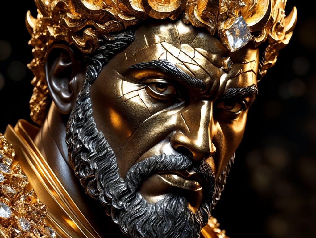 A cracked Diamond sculpture of a god Hercules head with gold inside, Gold Dramatic studio lighting, dark background