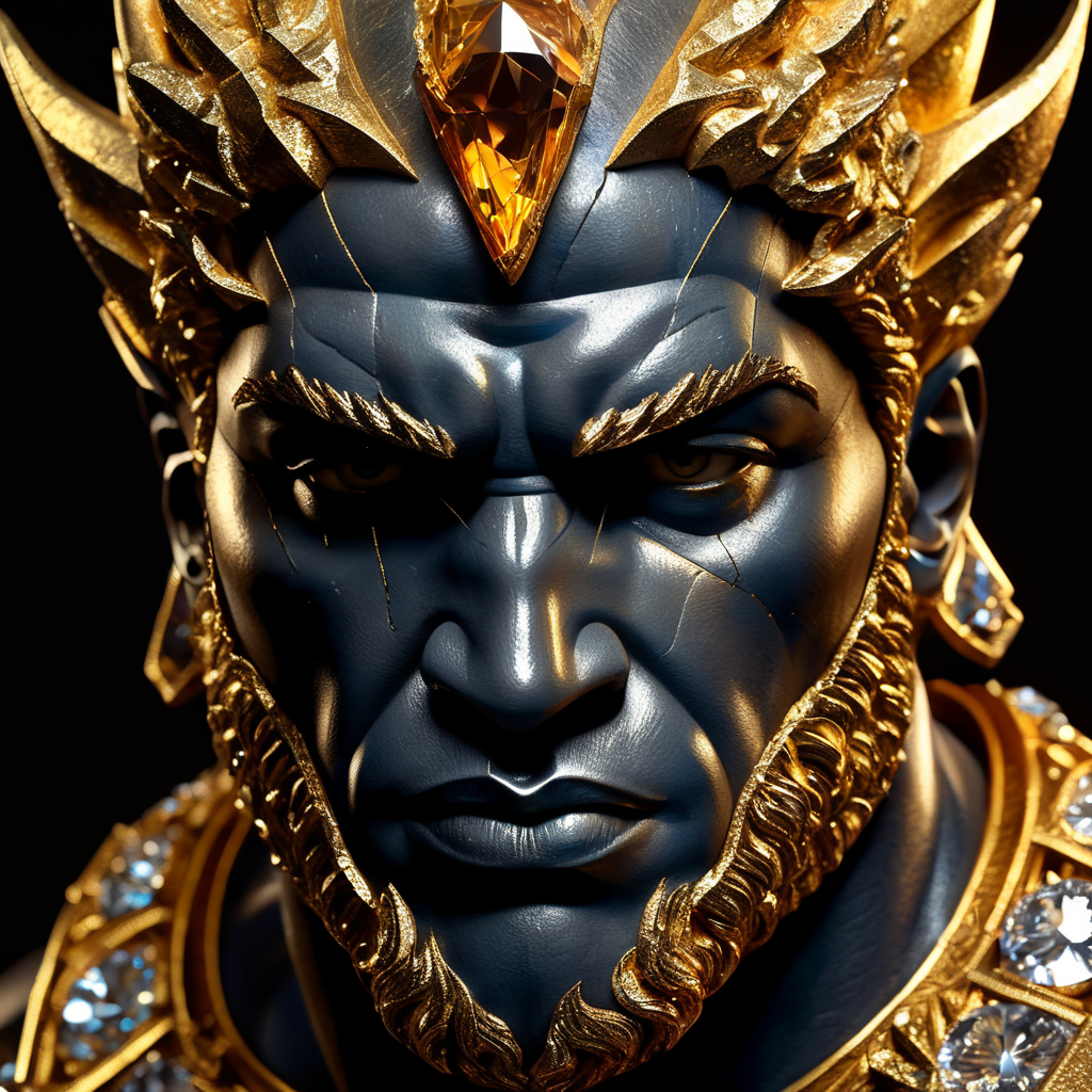 A cracked Diamond sculpture of a Hercules head with gold inside, studio lighting, dark background