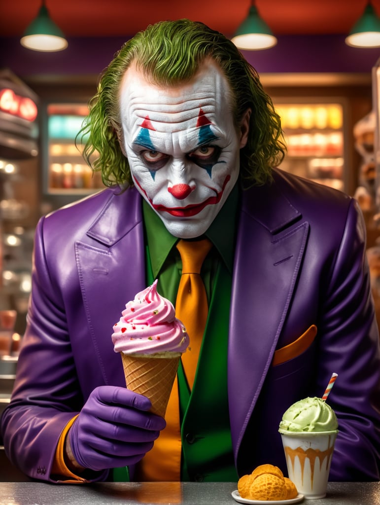 A portrait of the joker looking sad in an ice cream shop, in the style of a cartoon, bright and saturated colors, depth of field
