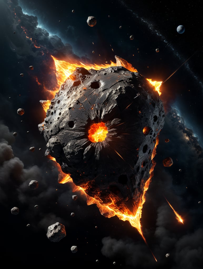 falling meteorite with a trail of flame, meteor against a background of black space without stars and planets, winner of the pixiv competition, photorealistic image, high detail,