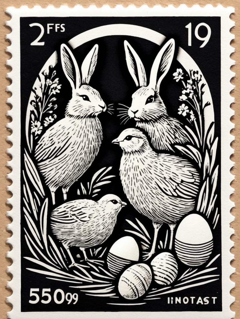 Premium Free ai Images | black and white linocut postage stamp easter ...