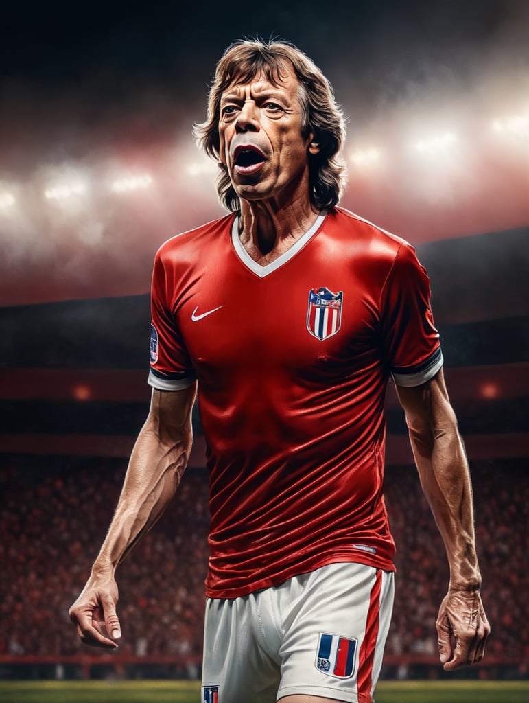 portrait american framing of mick jagger using the SAO PAULO SOCCER TEAM SHHIRT standing on stage with red and with lights