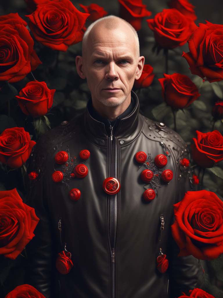 Lumenor AI Image Generation - vince clarke con rosas rojas botones de