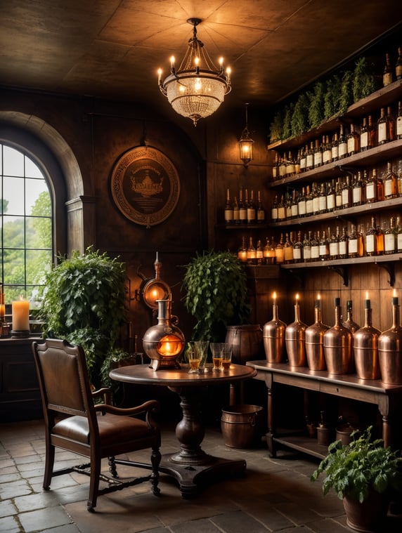Premium Free ai Images | dim antique room for whiskey production copper ...