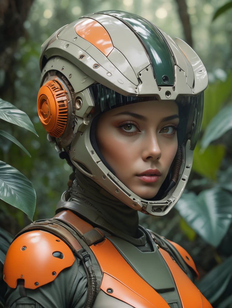 Waist-up, muted photo portrait titled "female futuristic alien in a jungle", broken helmet tangerine, muted palette, muted colors, detailed, 8k