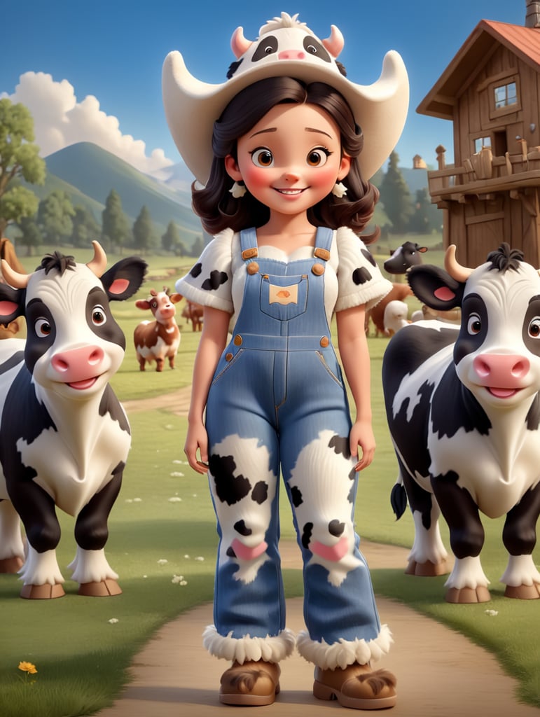 Draw a happy young woman wearing furry slippers on her feet that look like small holstein cows. The woman wears a large cowbow hat and denim overalls, and is standing in a barnyard with bears shown in the background.