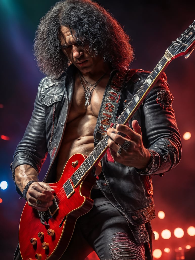 Premium Free ai Images | person slash guitarist photo on stage studio  lights illuminated face red guitar in hand bright colors