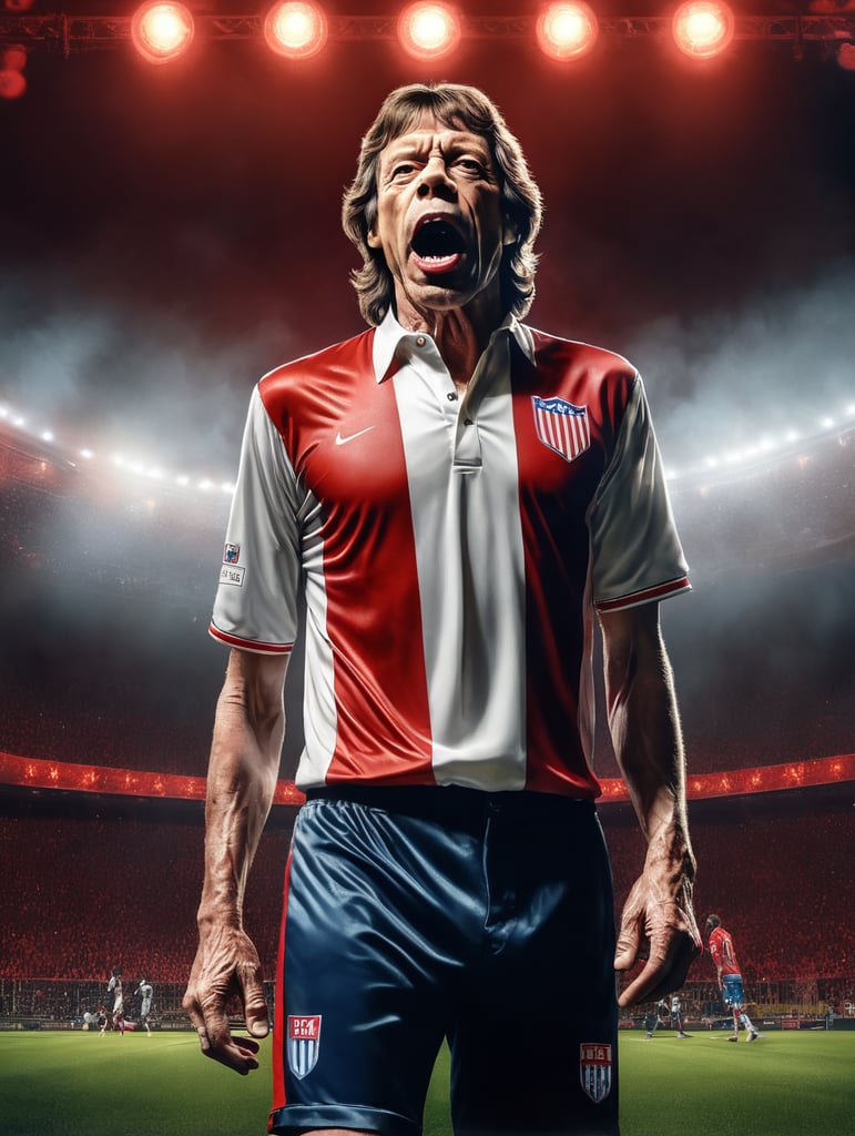 portrait american framing of mick jagger using the SAO PAULO SOCCER TEAM SHHIRT standing on stage with red and with lights