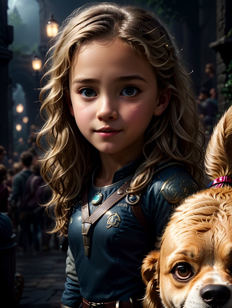 a young girl with dog, creative, and kind-hearted person with long, curly blonde hair, big eyes, small nose, and a smiling mouth, standing centered in 2D style, rendered using beautiful Disney animation, Pixar style, Disney style, 2D style