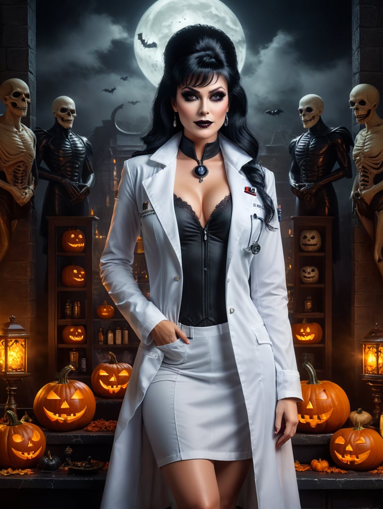 female doctor dress for Halloween with Elvira makeup