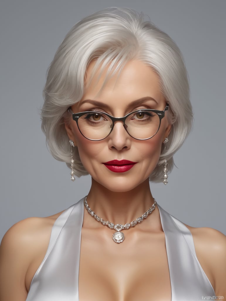 A portrait of a beautiful stylish older woman with white platinum short hair and big glasses, glamorous Hollywood portraits, highly realistic, daz3d, women designers, high resolution, very fashionable, colorful, dress as young woman