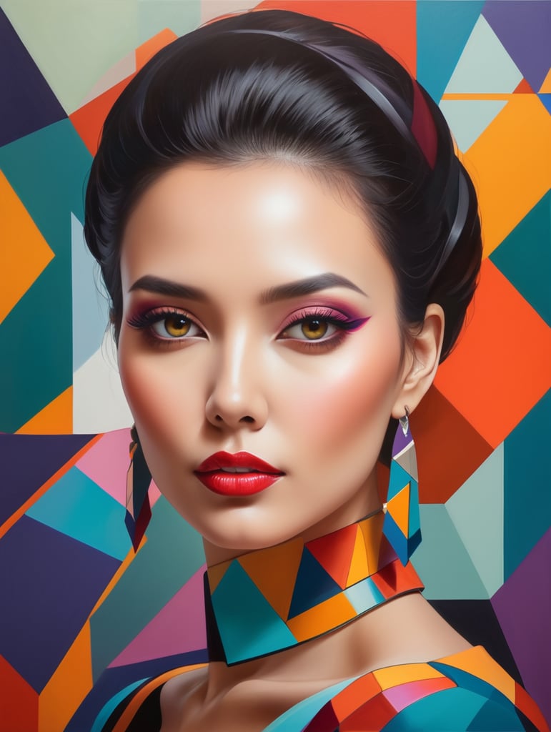 Paint a portrait of a woman that showcases her beauty and artistry through a unique combination of vibrant colors and geometric shapes, capturing her essence and individuality in an imaginative and captivating composition.