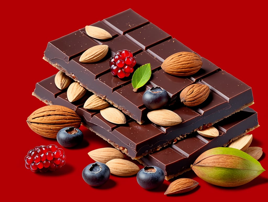 delicious artisanal Dark Chocolate bar filled with almonds and dried cranberries bright colors almond goodness photography of gourmet dessert chocolate indulgence delicious treats on red simple flat lay empty background
