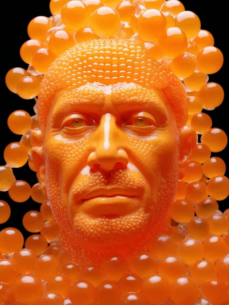 Portrait of a Translucent orange man made from the orange fruit, organs are visible through the jelly, isolated black background