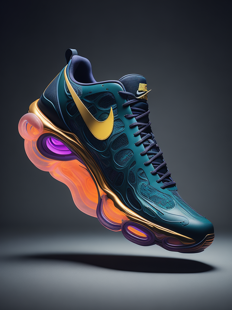 A stunning interpretation of nike sexy shoe sneaker, made of jellyfish, advertsiement, solarpunk, highly detailed and intricate, golden ratio, very colorful, hypermaximalist, ornate, luxury