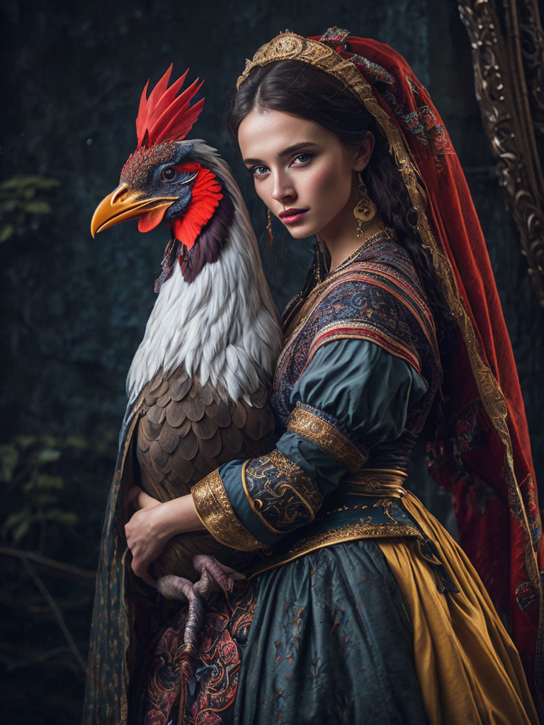 Portrait of a Beautiful women from Russian fairytale wearing traditional costume hugging a Rooster