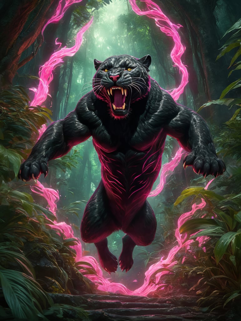 A leaping furry panther surrounded by neon pink flames in a dreamy lush dark green jungle