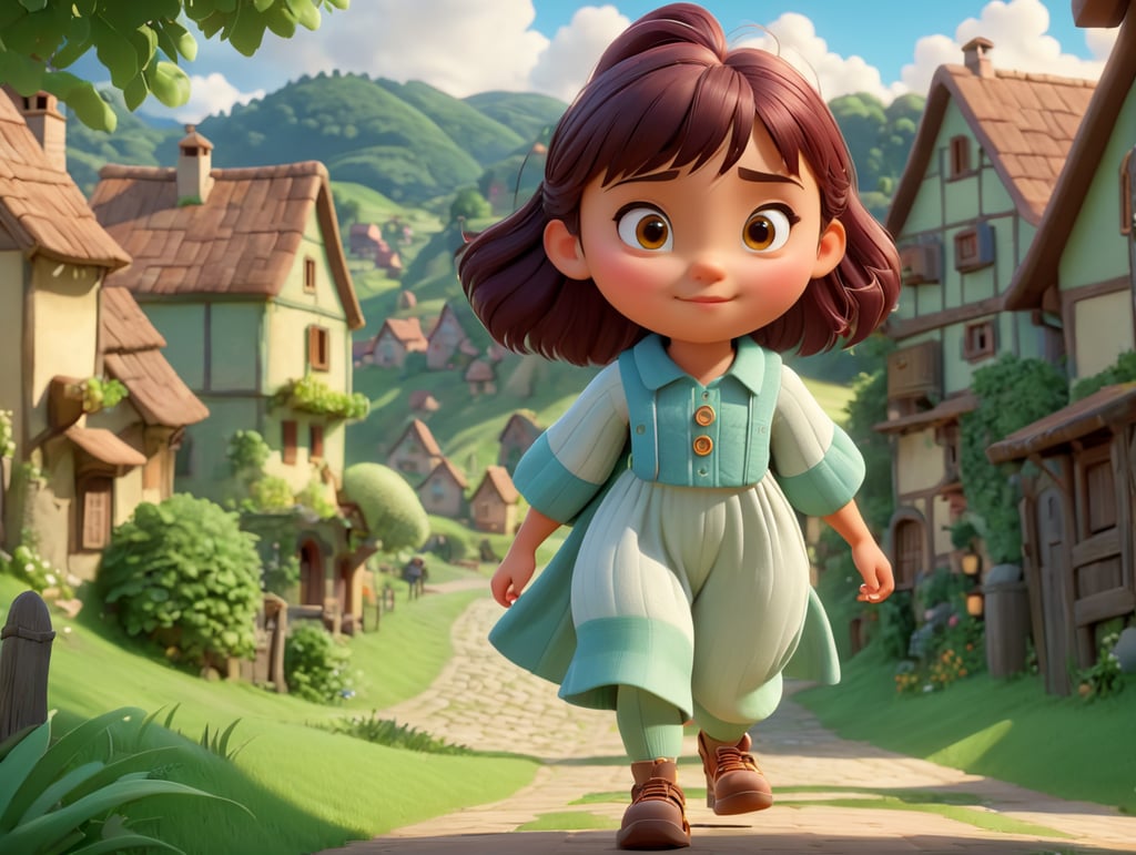 Show the young protagonist, Mia, with a kind and compassionate expression on her face, walking in a picturesque village nestled between rolling hills and lush forests, animated Pixar style, high-quality image, illustration, 4k, 3D